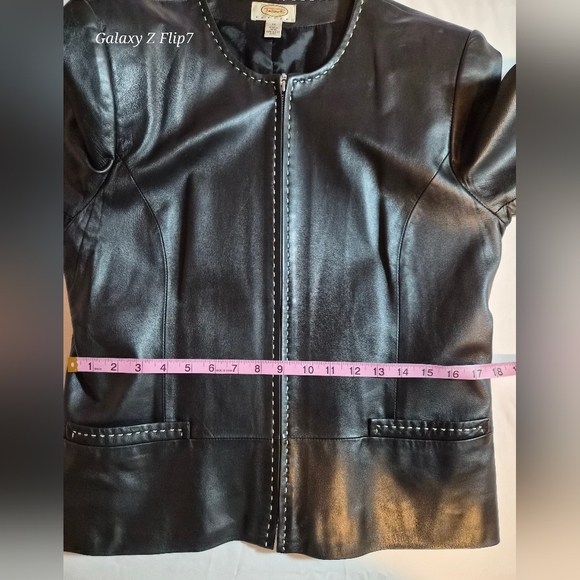Talbots 100% Leather Moto Lady Jacket Black White Stitching Size 14P - Picture 5 of 8